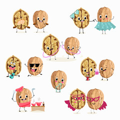 Cute cartoon nut, walnut characters set, collection. Flat vector illustration. Activities, playing musical instruments, sports, funny nuts.