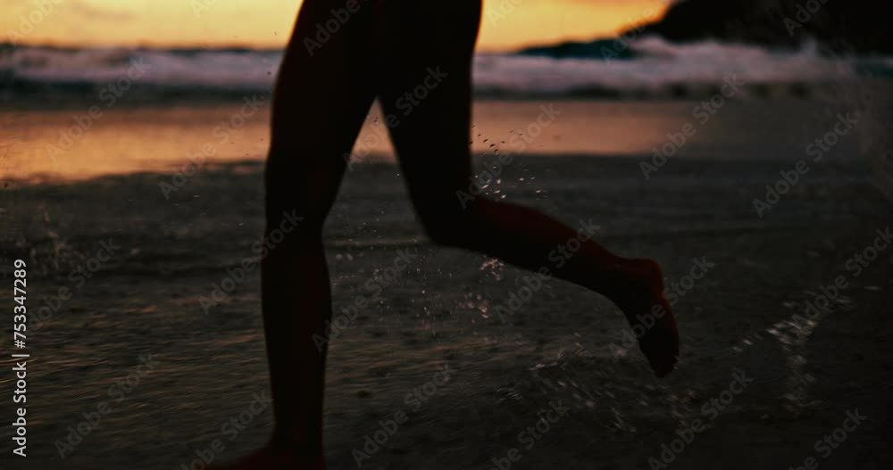 Sticker People, silhouette and legs with water splash on beach at night for fun holiday, weekend or bonding. Closeup of friends running, playing or enjoying outdoor nature in late evening on the ocean coast