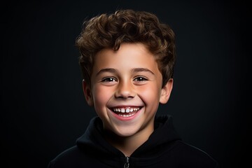 Closeup portrait of a smiling boy in black hoodie on dark background