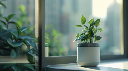 A closeup of a plant pot p on a windowsill with smart glass panels showcasing how the technology allows for a perfect balance of light and shade to reach the plants promoting