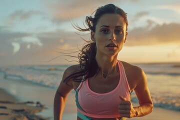 Focused female athlete running on a serene beach, waves lapping the shore, mountain backdrop, embracing a healthy lifestyle with a morning jog