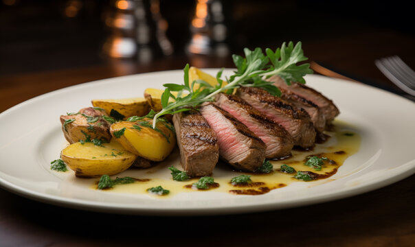 Lamb loin with broiled finger potatoes and a rosemary garnish, background image