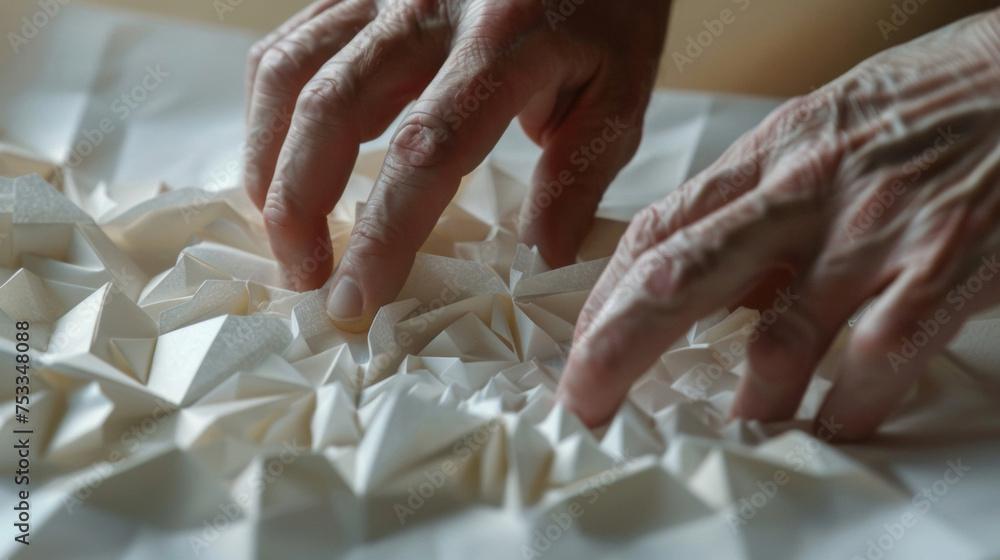 Poster a closeup of a paper model in the process of being folded the creators hands deftly manipulating the