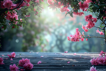 Old wooden surface terrace with a soft-focus garden and blossom plants in the background. spring banner with top view and a big space for text or product