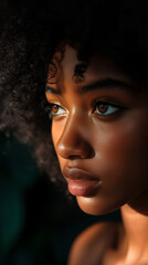 A close-up portrait of a young Black african american woman with a voluminous afro hairstyle