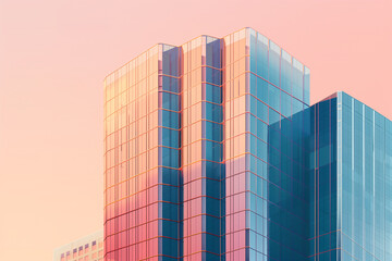 Contemporary High rise office building with glass window during sunset with pink sky. Rise and shine. skyscrapers in modern futuristic downtown. Generative AI