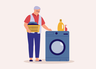 One Elderly Man With Laundry Basket Ready To Put Dirty Cloth Into The Washing Machine For Washing. Full Length. Flat Design.