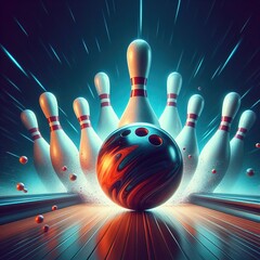 bowling ball and pins on black background - obrazy, fototapety, plakaty