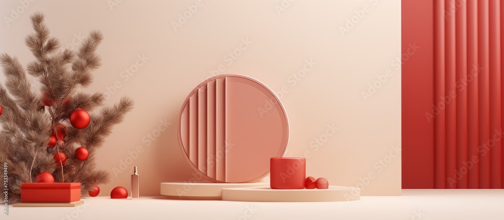 Poster minimal mock up scene with abstract geometric podium for displaying cosmetic products and festive ch