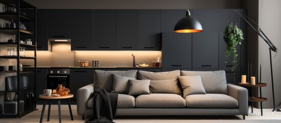 Modern living room interior with pillows on grey sofa and black kitchen lighting