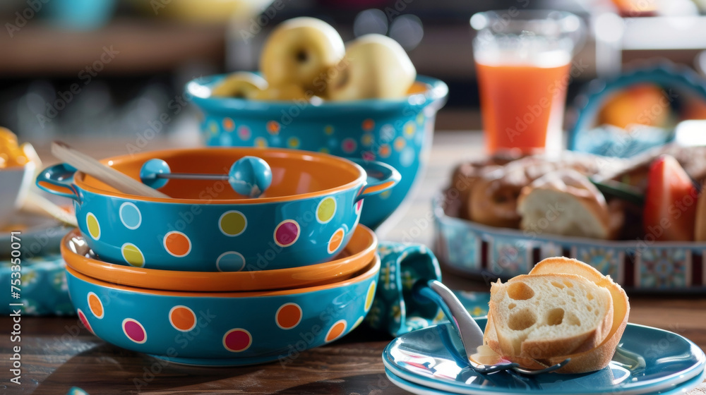 Poster a fondue pot made of colorful stoneware featuring a fun and playful pattern adding a whimsical touch