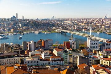 View from Galata Tower of Golden Horn bay with cable-stayed metro bridge connecting Beyoglu and Fatih districts, Suleymaniye Mosque in background, Istanbul, Turkey..
