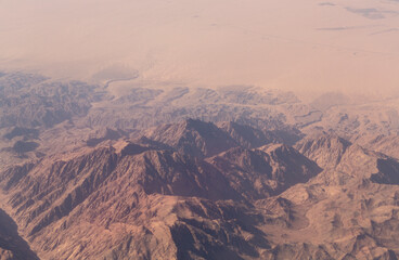 Aerial view of the mountains and sandy plateau of Egypt, the Sinai Peninsula. Aerial photography.