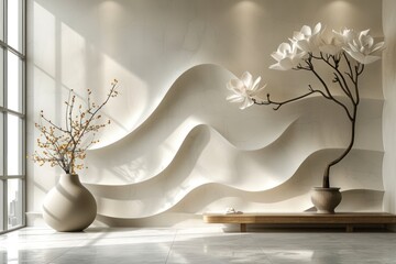 Wavy wall in a room with a flower shaped vase, in the style of monochromatic depth, showcasing a pristine white minimalistic