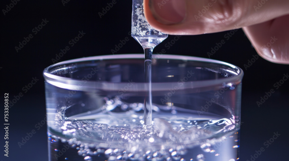 Poster a closeup of a scientists hand using a special tool to extract aerogel particles from a large clear 