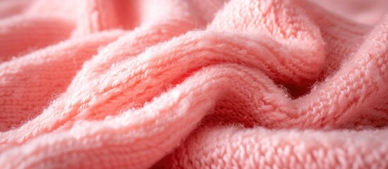 Closeup of a high-quality pink woolen blanket showcasing its texture in a macro shot.