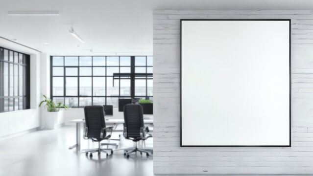 Blank white poster copy space in black frame on office room wall