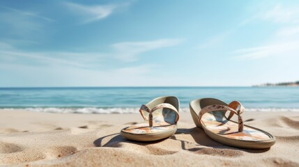 Flip flops Concept photo summer beach in sand sea - obrazy, fototapety, plakaty
