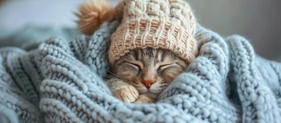 Cozy concept of a funny kitty in a warm bed on a knitted woolen blanket, with a touch of Scandinavian style and hygge, on an autumn morning.