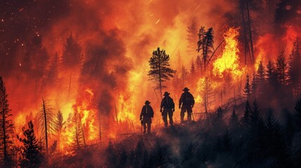 Fototapeta premium Team of Firefighters in Safety Uniform Extinguishing Wildland Fire, Moving Along a Smoked Out Forest to Battle Dangerous Ecological Emergency.