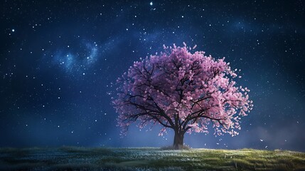 Fototapeta na wymiar Generative AI : Blossoming pink tree on a green meadow with starry deep blue night sky