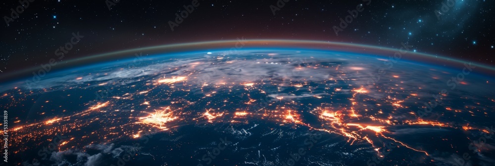 Poster fiery earth horizon with network lines - depicting global data transfer and communication with a fie