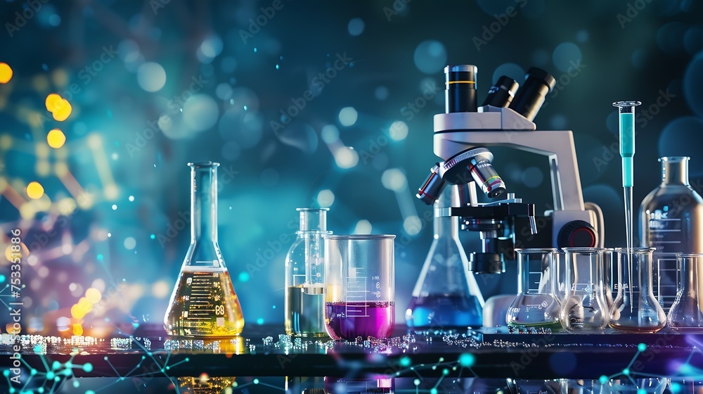 Aufkleber generative ai : laboratory beakers, microscope, pipette. science experiment concept background.