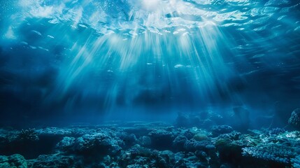Fototapeta na wymiar Generative AI : Artistic underwater photo of landscape in beautiful blue light. From a scuba dive