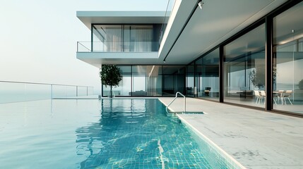 Generative AI : Architecture 3d rendering illustration of minimal modern house with swimming pool