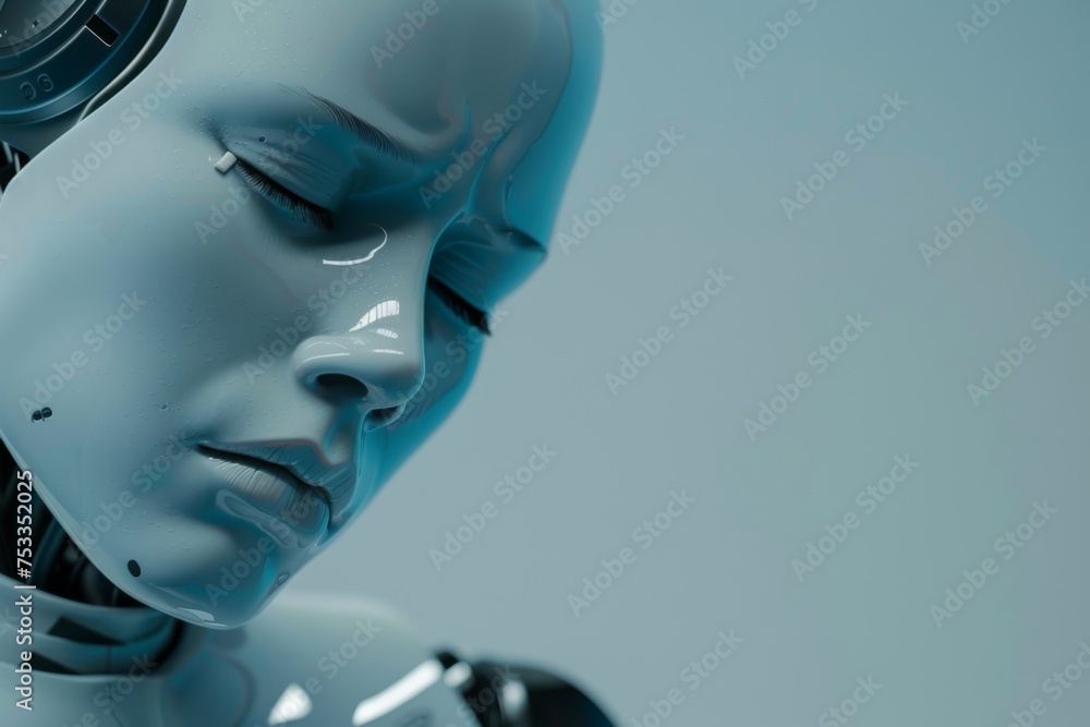 Poster close-up of a pensive robot face - a high-detail image of a humanoid robot with a contemplative expr