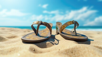 Flip flops Concept photo summer beach in sand sea - obrazy, fototapety, plakaty