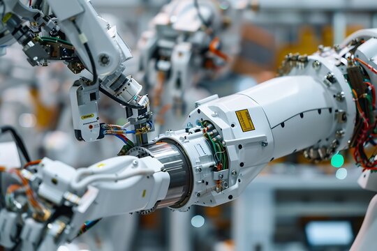 Generative AI : Mechanized industry robot and robotic arms for assembly in factory production . 