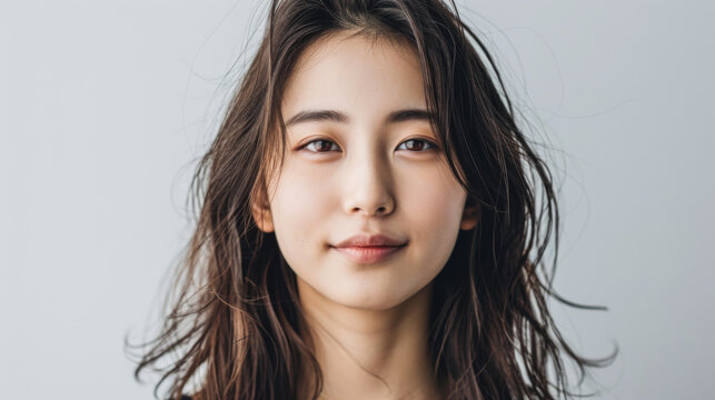 Beautiful studio portrait of young, stylish asian woman, long hair, looking at camera with confidence on white background