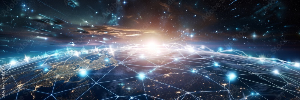 Aufkleber earth horizon with network grid and stars - a graphical representation of a technologically connecte