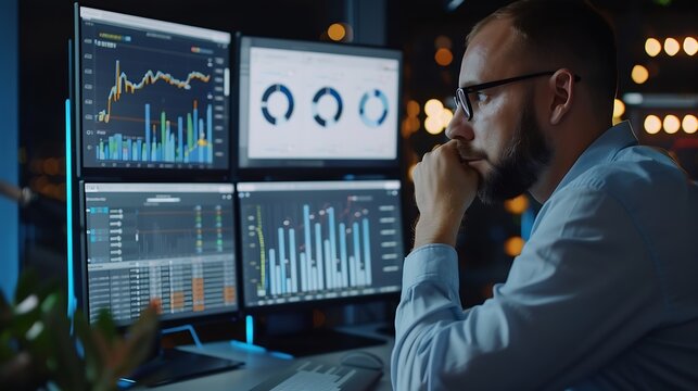 Generative AI : Analyst working on business analytics dashboard with KPI, charts to analyze data and create insight reports for executives 