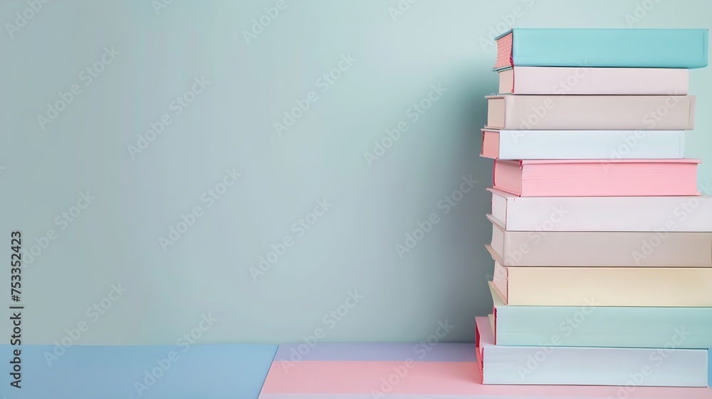 Poster generative ai : education concept with books stacked on pastel color background .