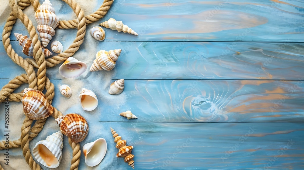 Poster generative ai : sea rope with many different sea shells on the sea sand on a blue wooden background.
