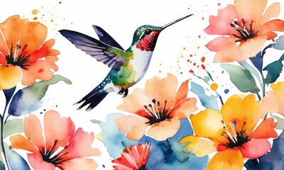 watercolor illustration of a bouquet of flowers with a hummingbird.