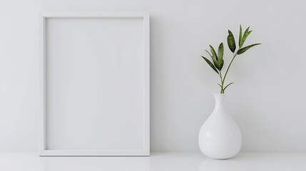 Generative AI : White photo frame mockup with white vase
