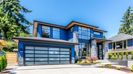 Generative AI : Luxurious new construction home in Bellevue, WA. Modern style home boasts two car garage framed by blue siding  - obrazy, fototapety, plakaty