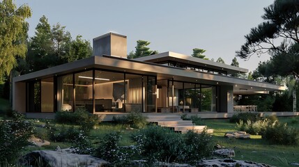 Fototapeta na wymiar Generative AI : A modern house with a flat roof and panoramic windows surrounded by nature. 3D visualization