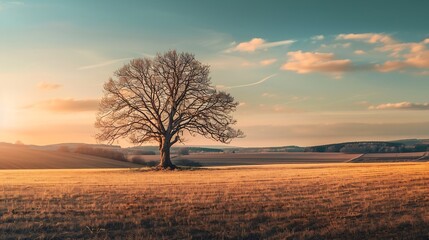 Fototapeta na wymiar Generative AI : Lonesome tree on the fields near Worms, Germany during sunset
