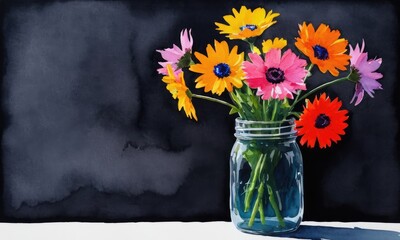 watercolor painting of a bouquet of flowers in a mason jar.