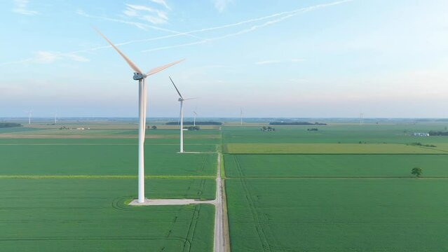 Aerial Fly Through of Wind Turbines on Ohio Farmland at Dawn