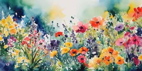 Fototapeta na wymiar watercolor scene of a garden in full bloom with various types of flowers.