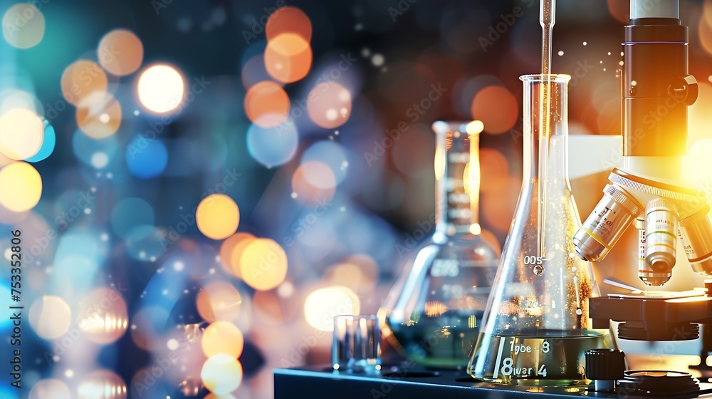 Aufkleber generative ai : laboratory beakers, microscope, pipette. science experiment concept background.