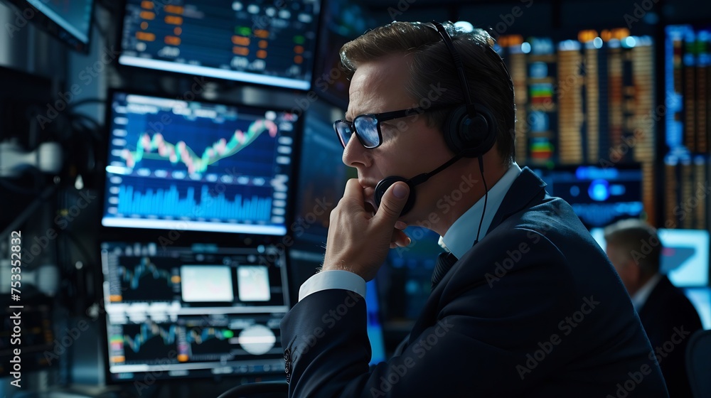 Poster Generative AI : Stock Exchange Trader Makes a Deal with Big Client Over the Headset. He Works with Other Brokers and is Surround 