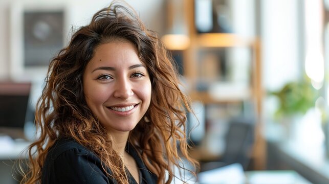 candid portrait of a stunning woman happily looking at the camera in her office environment, real photo, stock photography ai generative high quality image