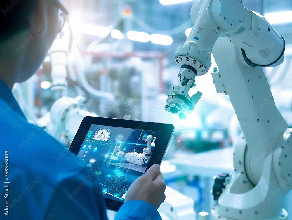 Aufkleber Generative AI : Engineer hand using tablet with machine real time monitoring system software. 
