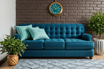 Blue quilted sofa in front of the brown classic grid and white brick wall, blanket vase of green plant lamp design, clock design. Modern living room